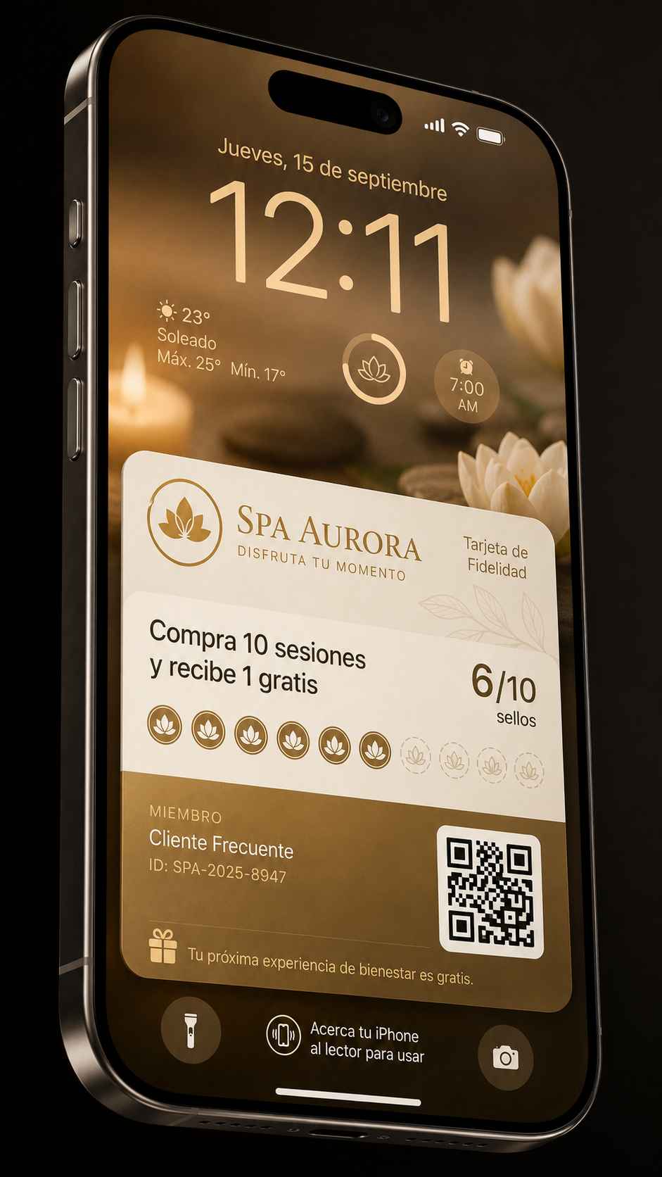 Tarjeta digital de fidelización Spa Aurora en un iPhone