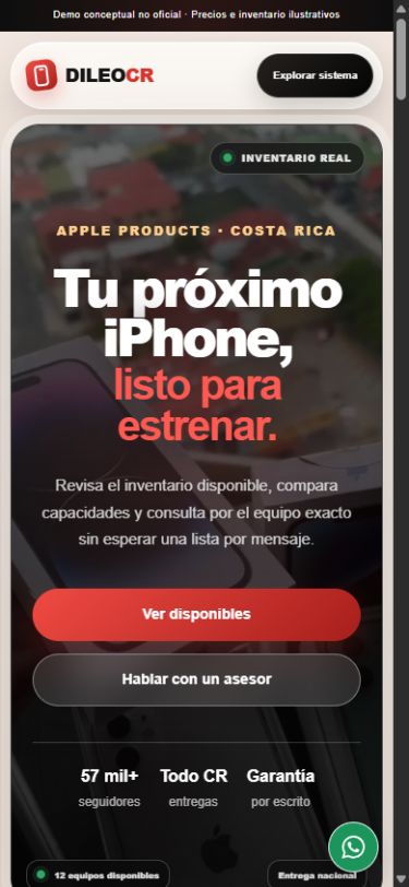 Vista responsive real de la propuesta de catálogo DileoCR en un celular