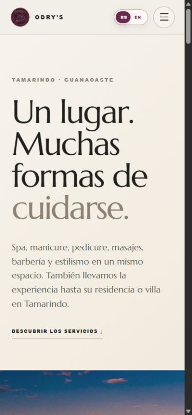 Vista responsive real de Odry’s Beauty Spa en un celular